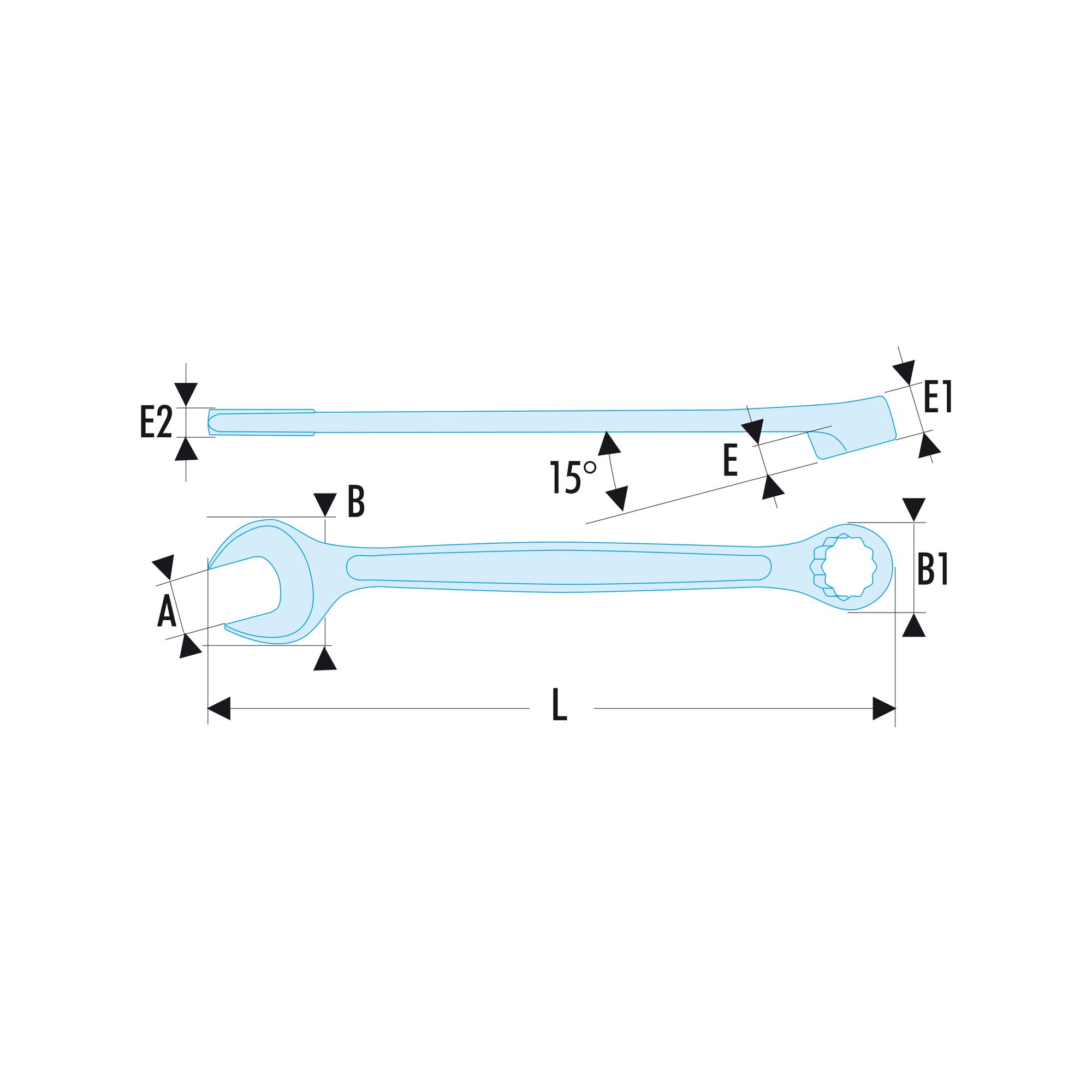 Facom 440.13/16 graphics showing wrench dimensions and angles, technical drawing on white background.